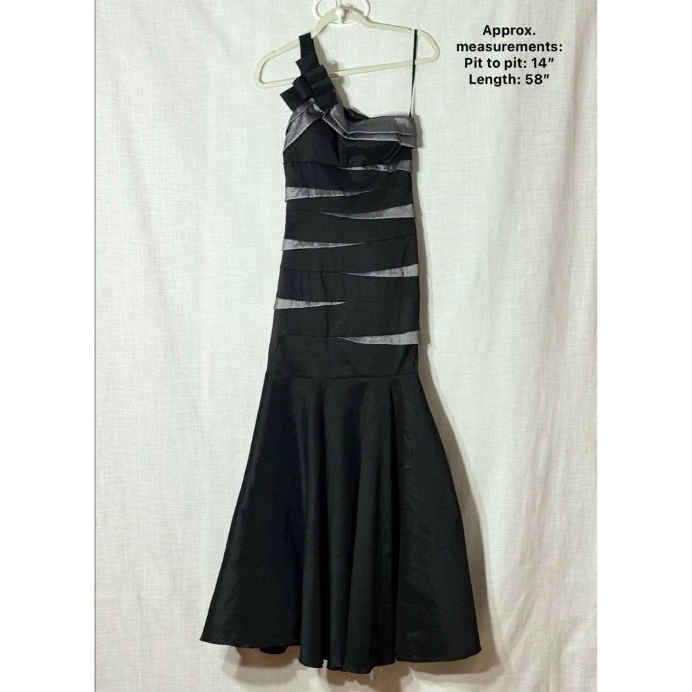 Betsy & Adam One Shoulder Mermaid Gown Black Gray Formal Prom Evening Dress 8‎ - Picture 2 of 10